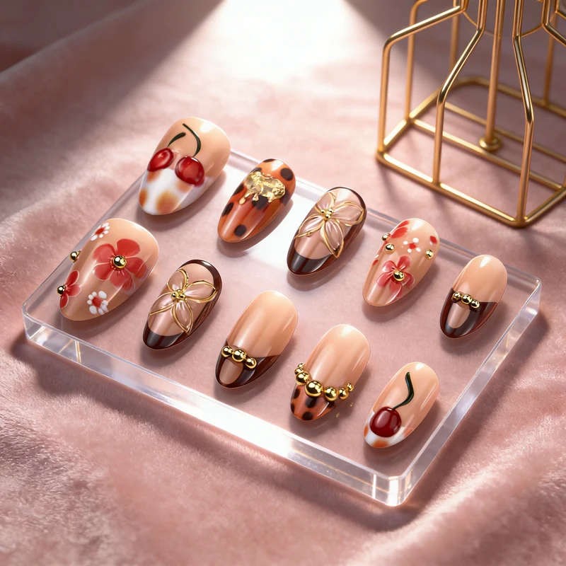 Blumen- und Schmuckbedeckte Press-On Nagelkunst Karnz