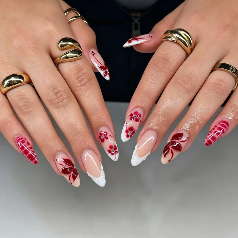 Florale Elegante Stiletto Press-On Nagelkunst Karnz