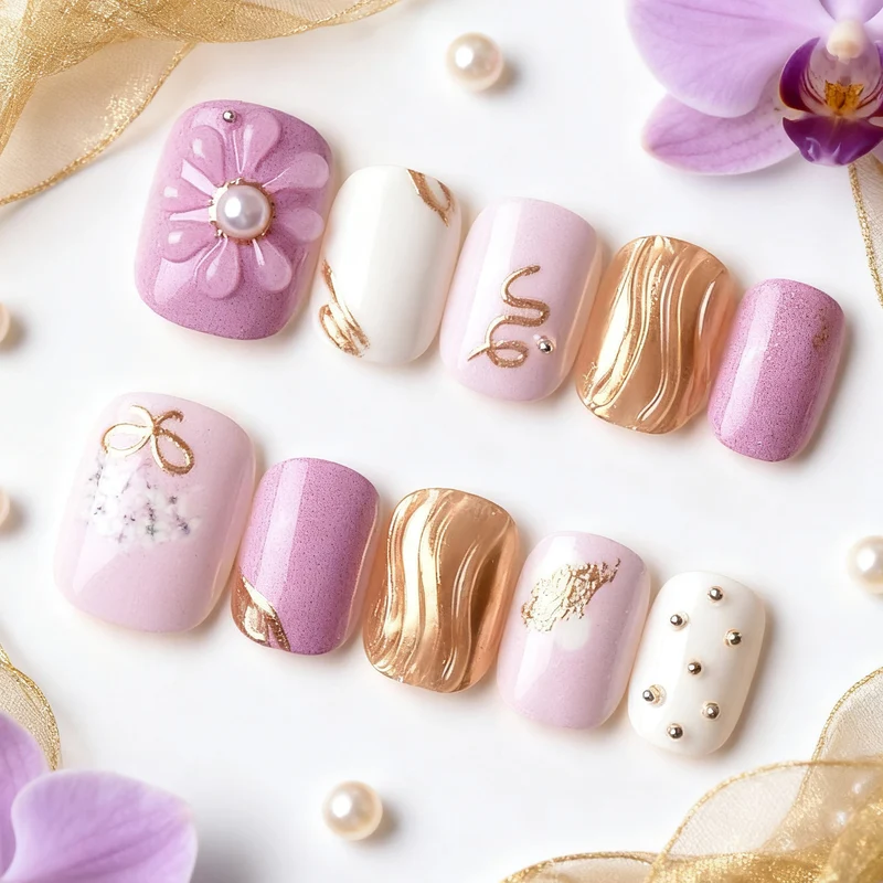 Floral und Perlen Dekorative Press-On Nagelkunst Set Karnz