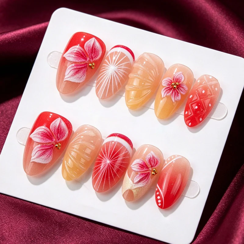 Floral und mit Edelsteinen verziertes Press-On Nagelkunst-Set Karnz