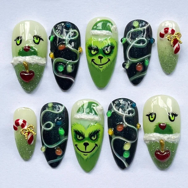 Festliches Grinch-Themen Press-On Nagelkunst Set Karnz