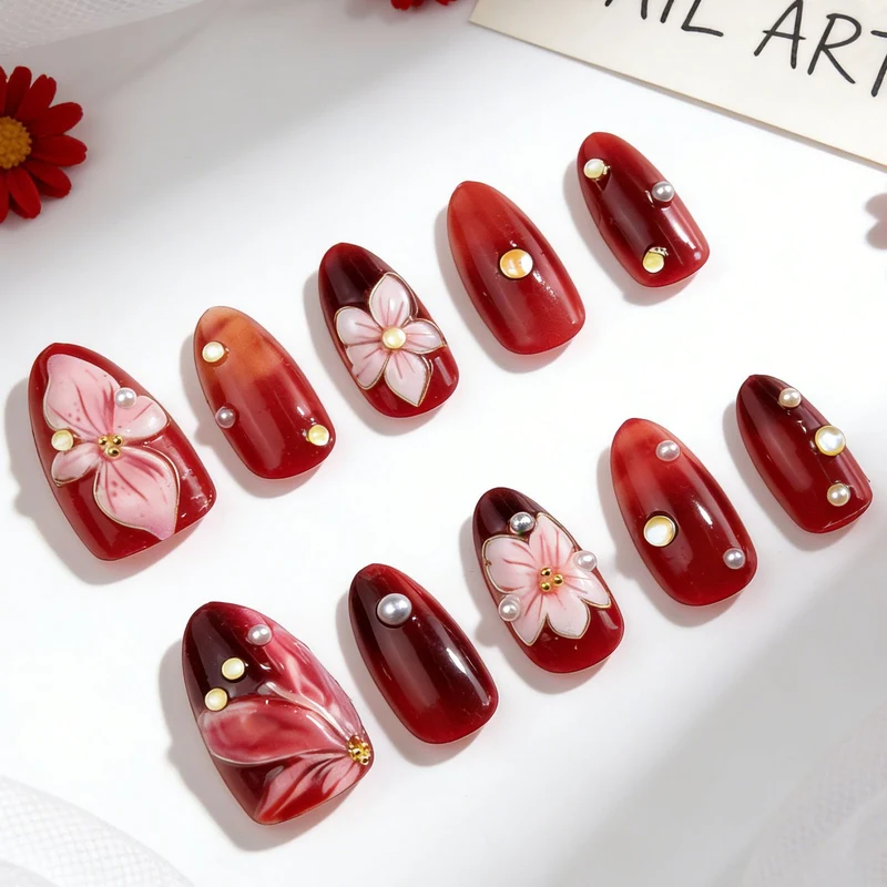 Elegantes Blumendesign Press-On Nagelkunst Set Karnz