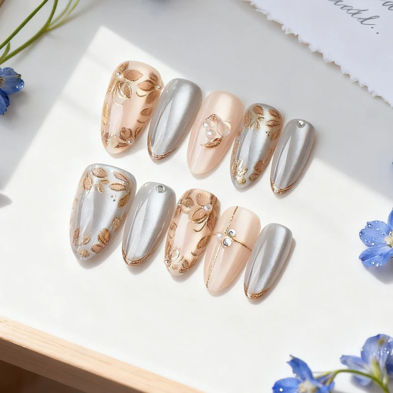 Dekoratives Press-On Nail Art Set mit floralen und metallischen Akzenten Karnz