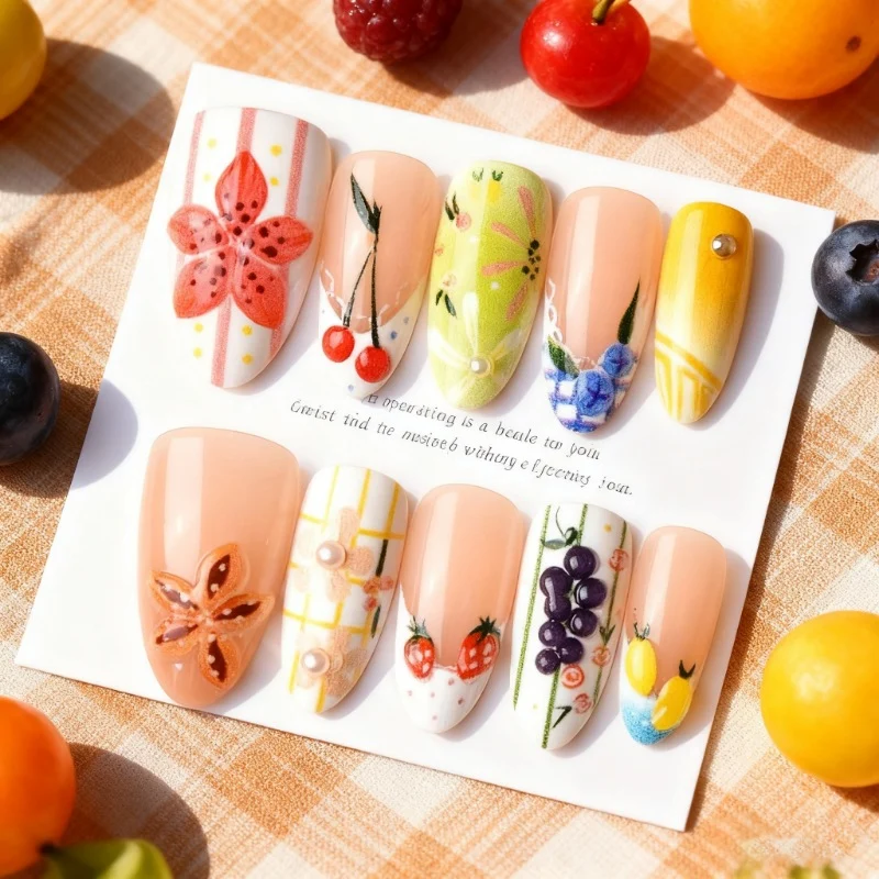 Dekoratives Press-On Nail Art Set mit floralen und obstigen Designs Karnz