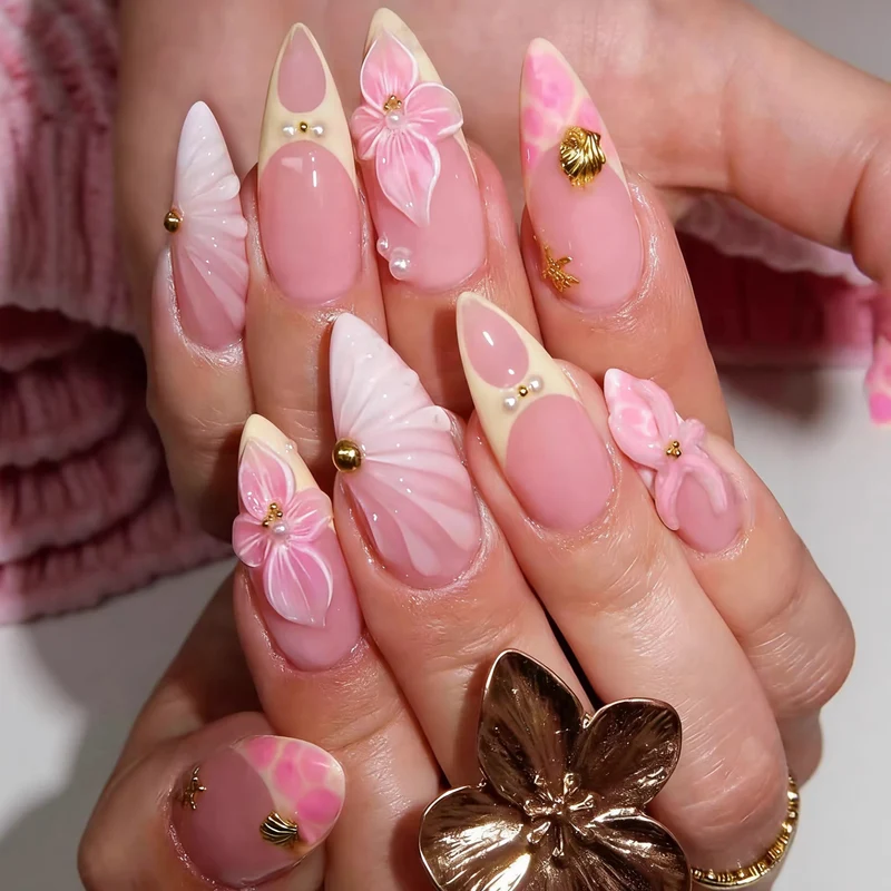 Dekoratives Floral Stiletto Press-On Nagelkunst Set Karnz