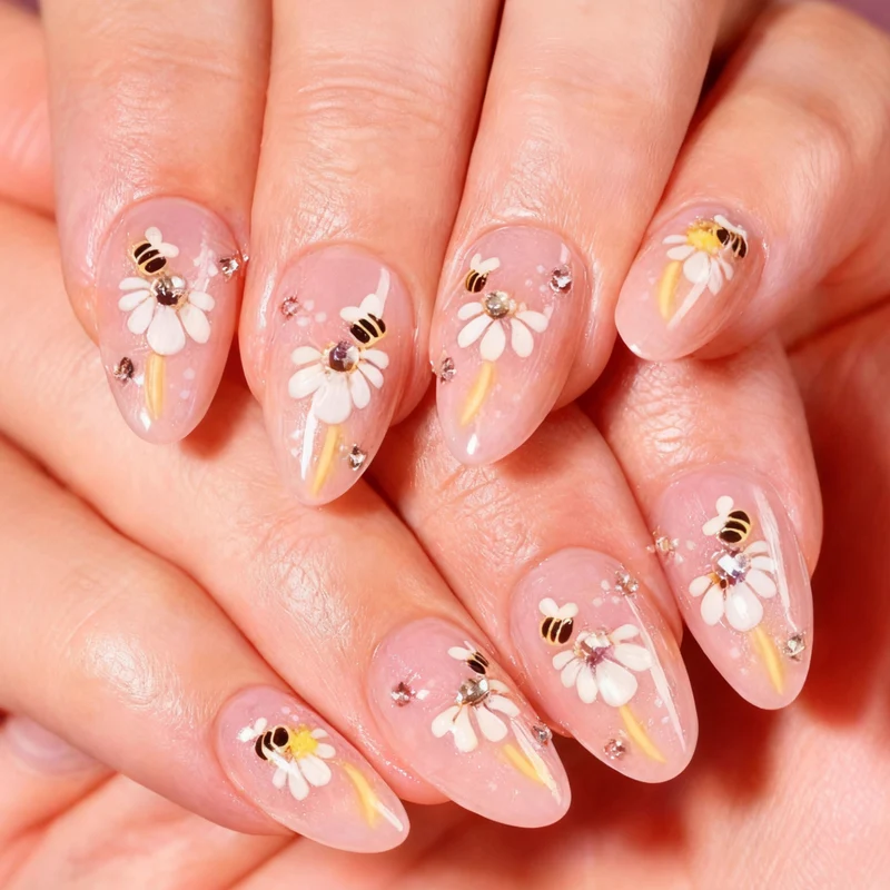 Dekoratives Floral- und Bienen-Press-On-Nagelkunst-Set Karnz