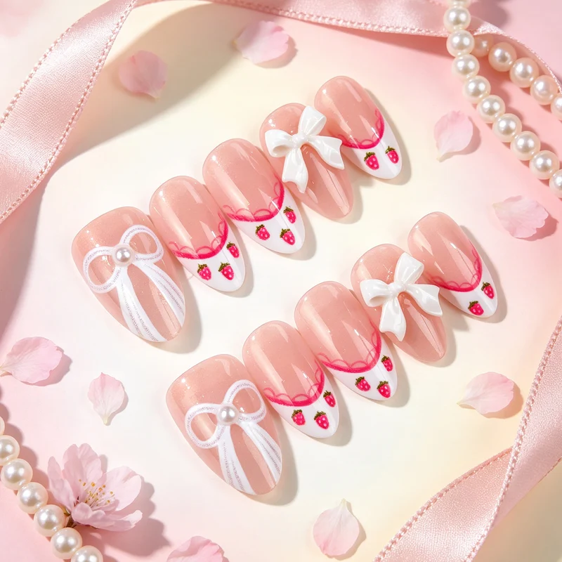 Dekorativer Bow- und Erdbeer-Themen Press-On Nagelkunst Set Karnz