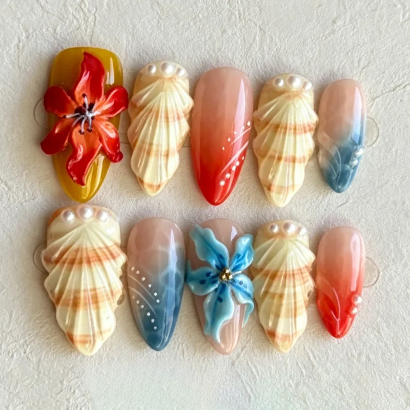 Künstlerisches von Muscheln inspiriertes Press-On Nagelkunst Set Karnz
