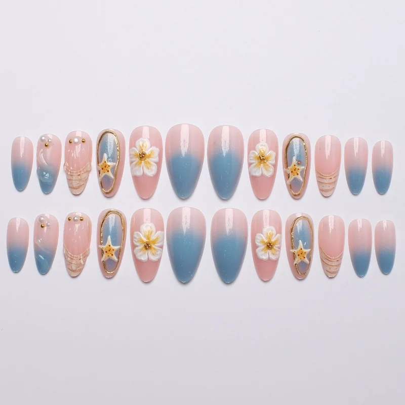 Künstlerisches Muschel- und Blumen-Press-On-Nagelkunst-Set Karnz