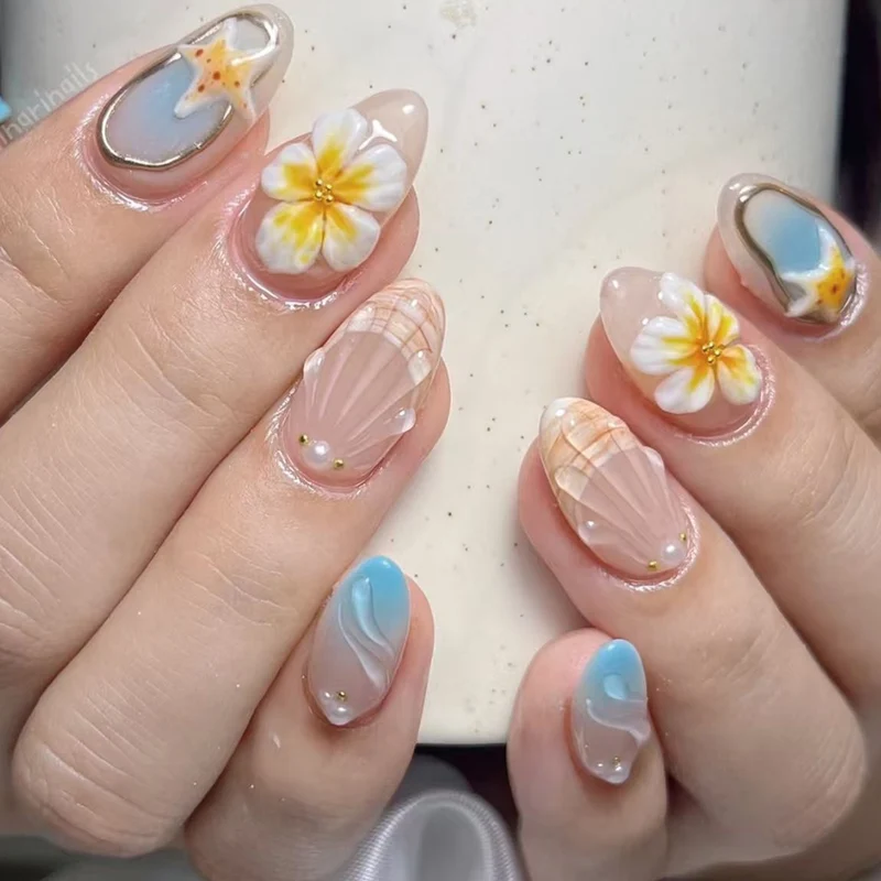 Künstlerisches Muschel- und Blumen-Press-On-Nagelkunst-Set Karnz