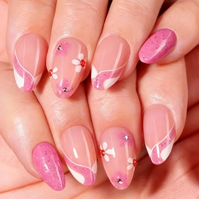 Künstlerisches Press-On Nagelkunst Set mit floralem und Ombre-Designs Karnz