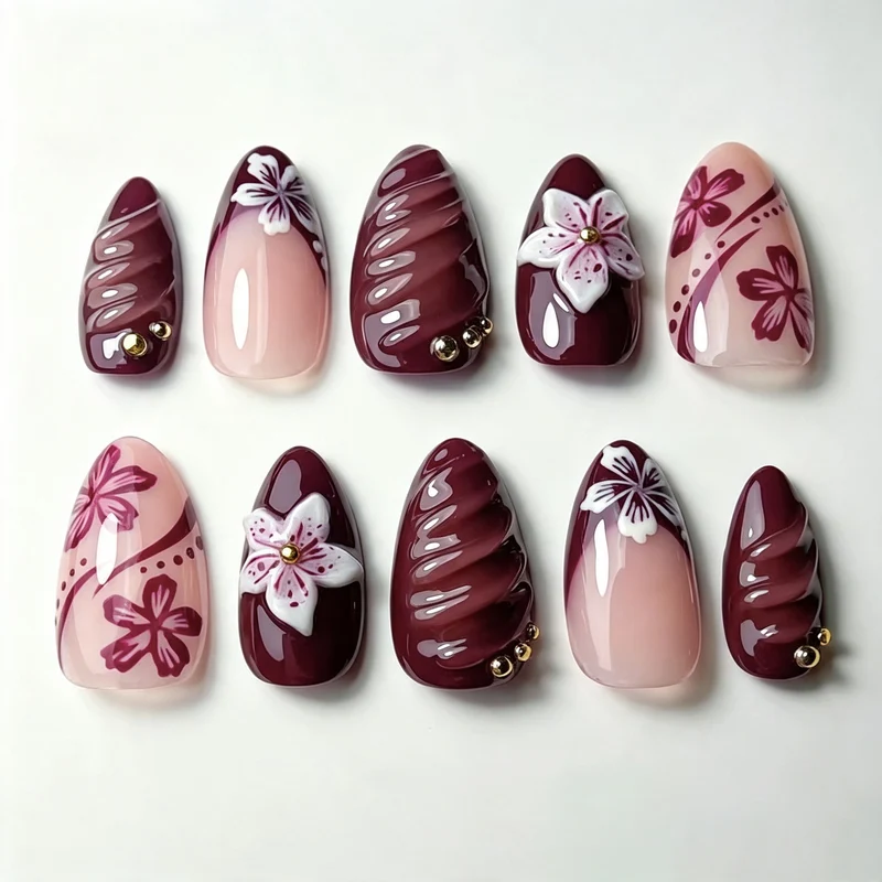 Künstlerisches Press-On Nagelkunst Set mit blumigen und glänzenden Designs Karnz
