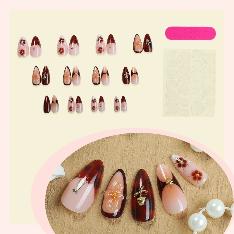 Künstlerisches Press-On Nagelset mit floralen und geometrischen Designs Karnz 1790636708
