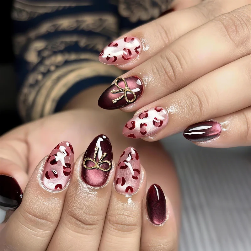 Künstlerischer Leopardenprint und Schleifen Press-On Nagelkunst Karnz