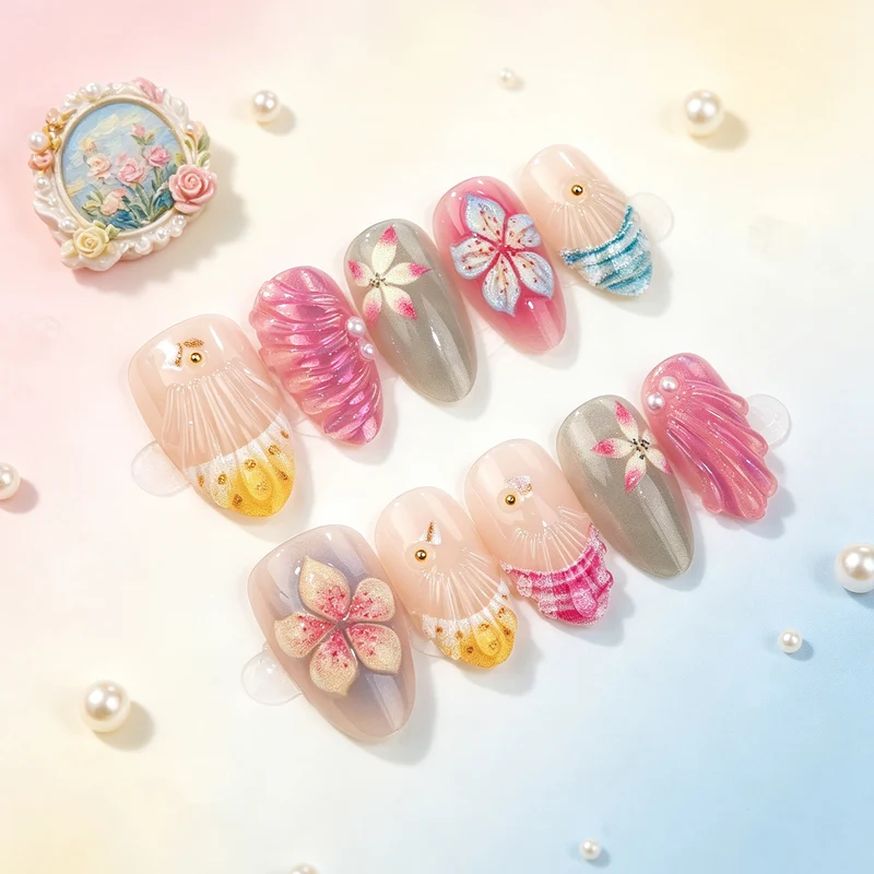 Künstlerische florale Shell Press-On Nägel Karnz