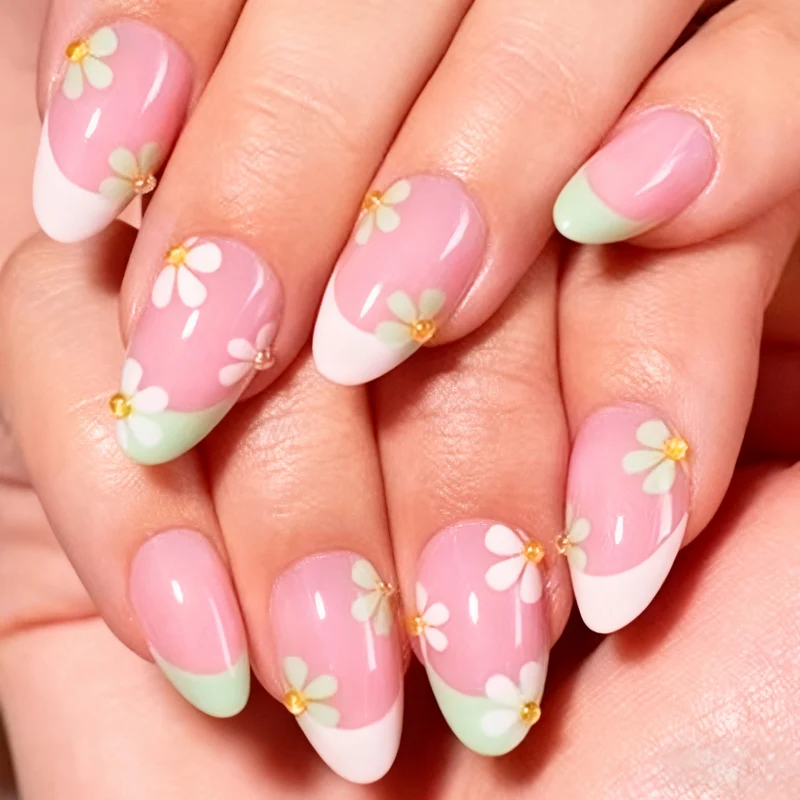 Künstlerisches, mit Blumen verziertes Press-On Nagelset Karnz