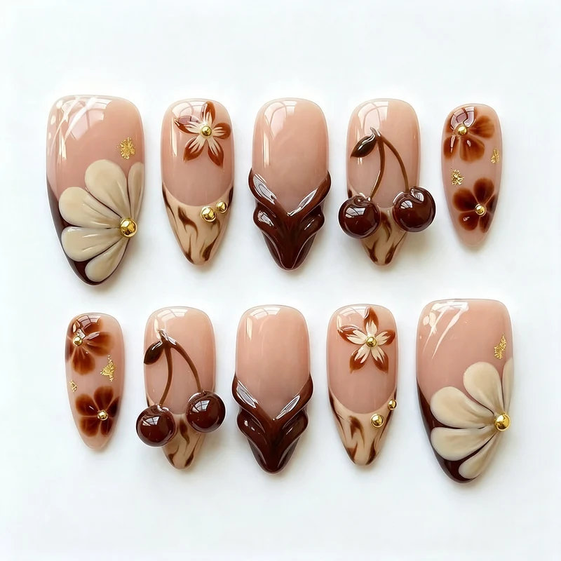 Künstlerisches florales und Kirsch-Press-On-Nageldesign-Set Karnz