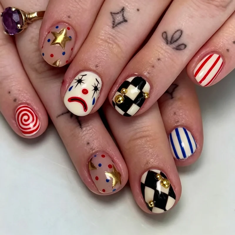 Künstlerisch clown-inspiriertes Press-On Nagelkunstset Karnz