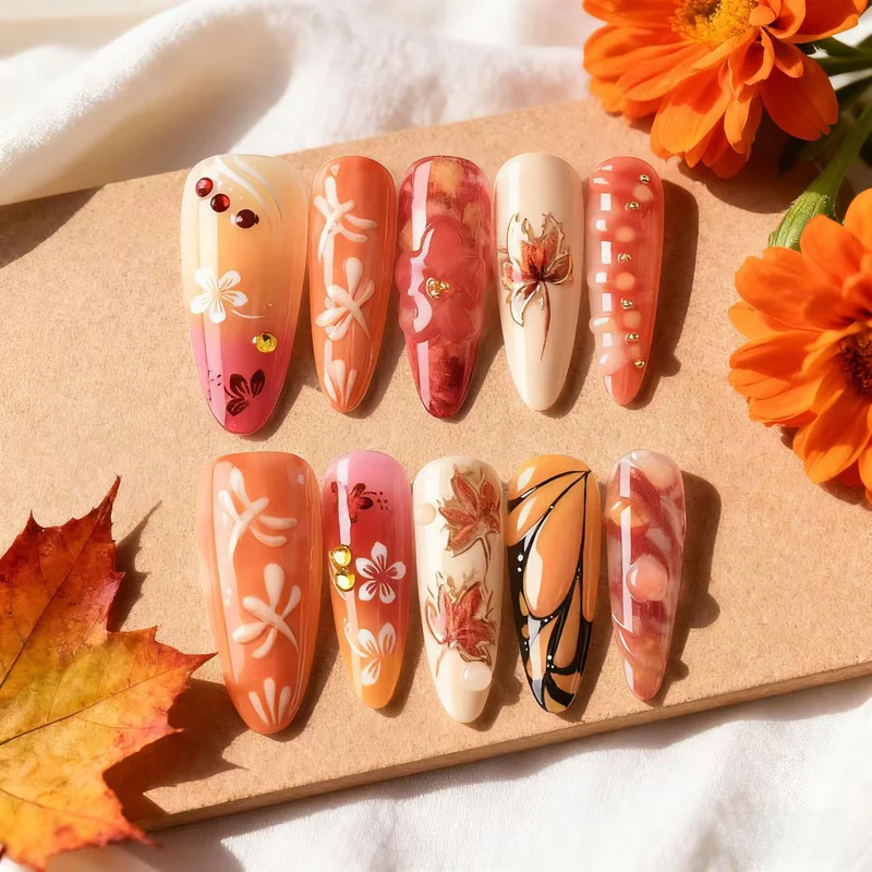 Künstlerisches herbstinspiriertes Press-On Nagelkunstset Karnz