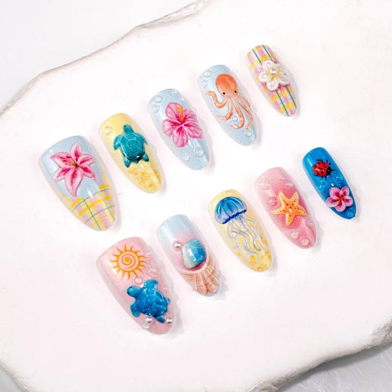 Künstlerisches 3D-Ozean-inspiriertes Press-On-Nagelkunst-Set Karnz