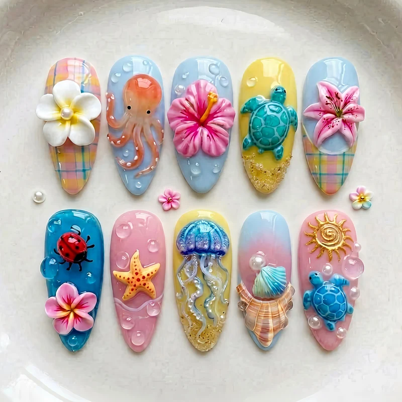 Künstlerisches 3D-Ozean-inspiriertes Press-On-Nagelkunst-Set Karnz