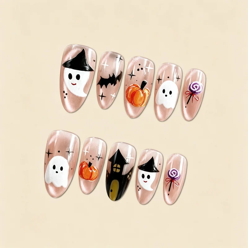 Kunstnagelset mit fröhlichem Halloween-Motiv und künstlerischen Designs Karnz