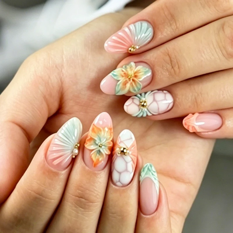 Kunstnagelset mit floralen und glamourösen Designs Karnz
