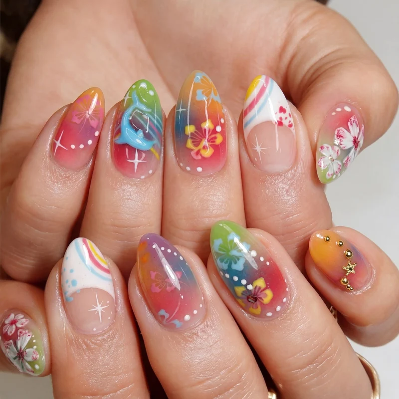 Kunstnagelset mit kreativen Blumen- und Regenbogenmustern Karnz