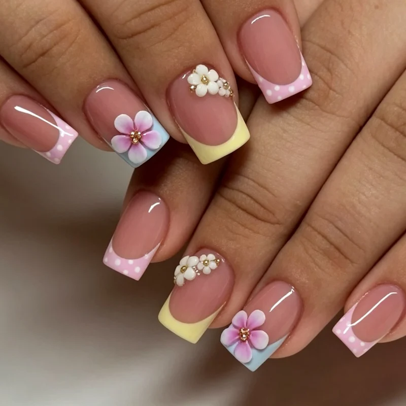 Kunstnagelset mit floralen Akzenten und bunten Spitzen Karnz