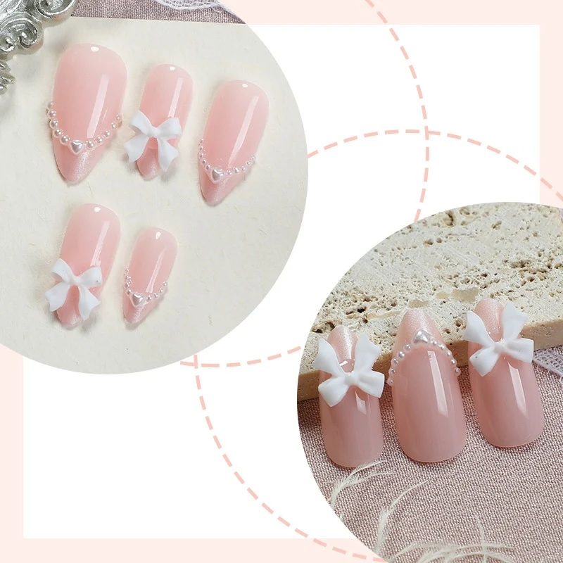 Kunstnagelset mit eleganten Schleifen und Perlen Karnz