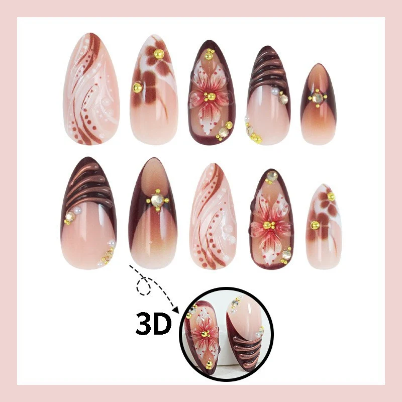 Kunstnagelset mit eleganten 3D-Blütenakzenten und glamourösen Designs Karnz