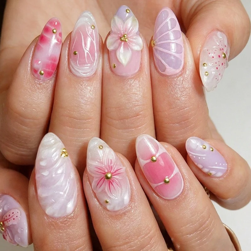 Kunstnagelset mit elegantem floralen Design und 3D-Akzenten Karnz